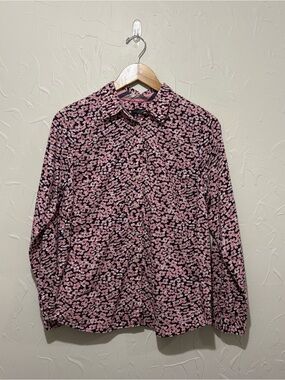 Talbots navy/pink floral print full button-front shirt (size 10 petite)